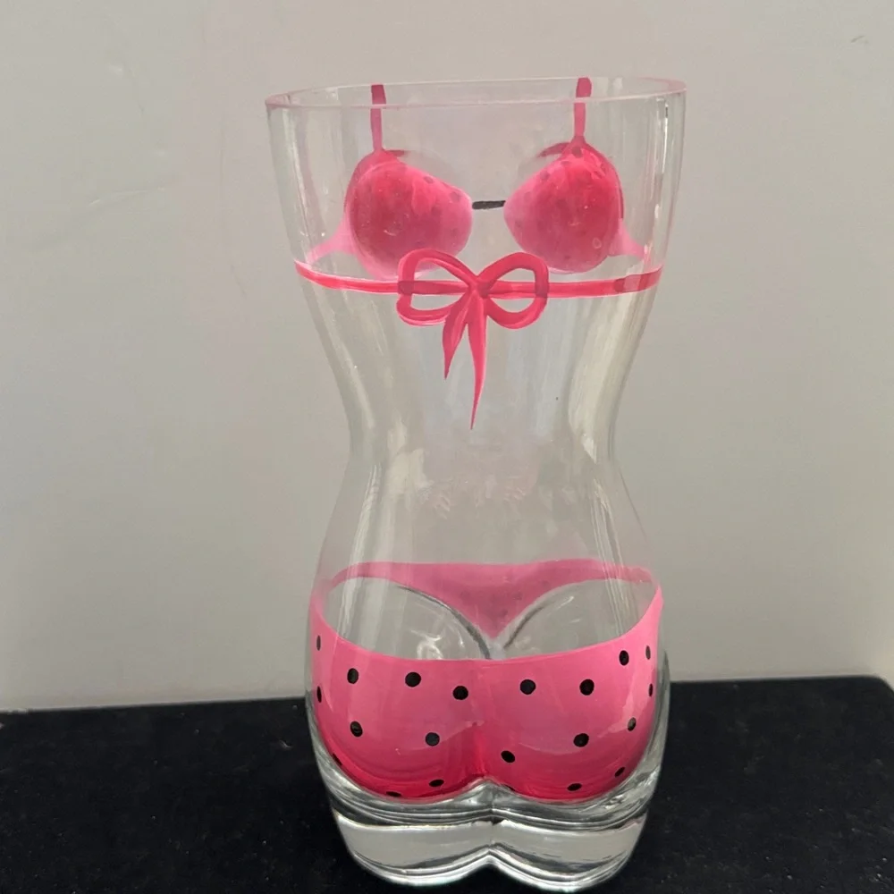 novelty glass/vase  woman's torso, decorated w/pink, polka-dotted bikini 10.24”
